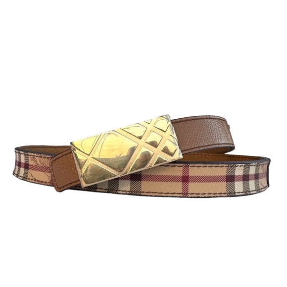Burberry House Check Pattern Metallic Gold Buckle Leather Belt Neutral Women’s - Picture 1 of 17